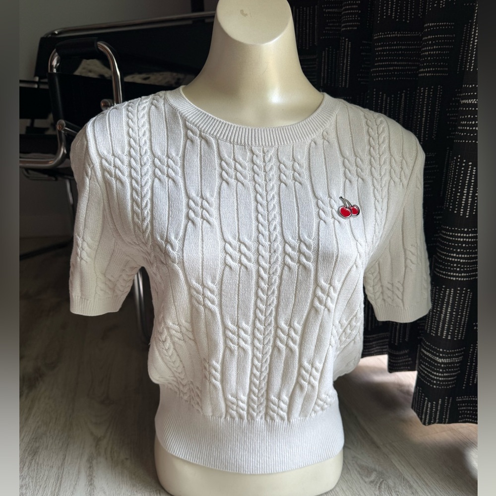 KIRSH Creme Ivory & Cherry Cotton Cable Knit Short Sleeve Sweater Blouse sz 2